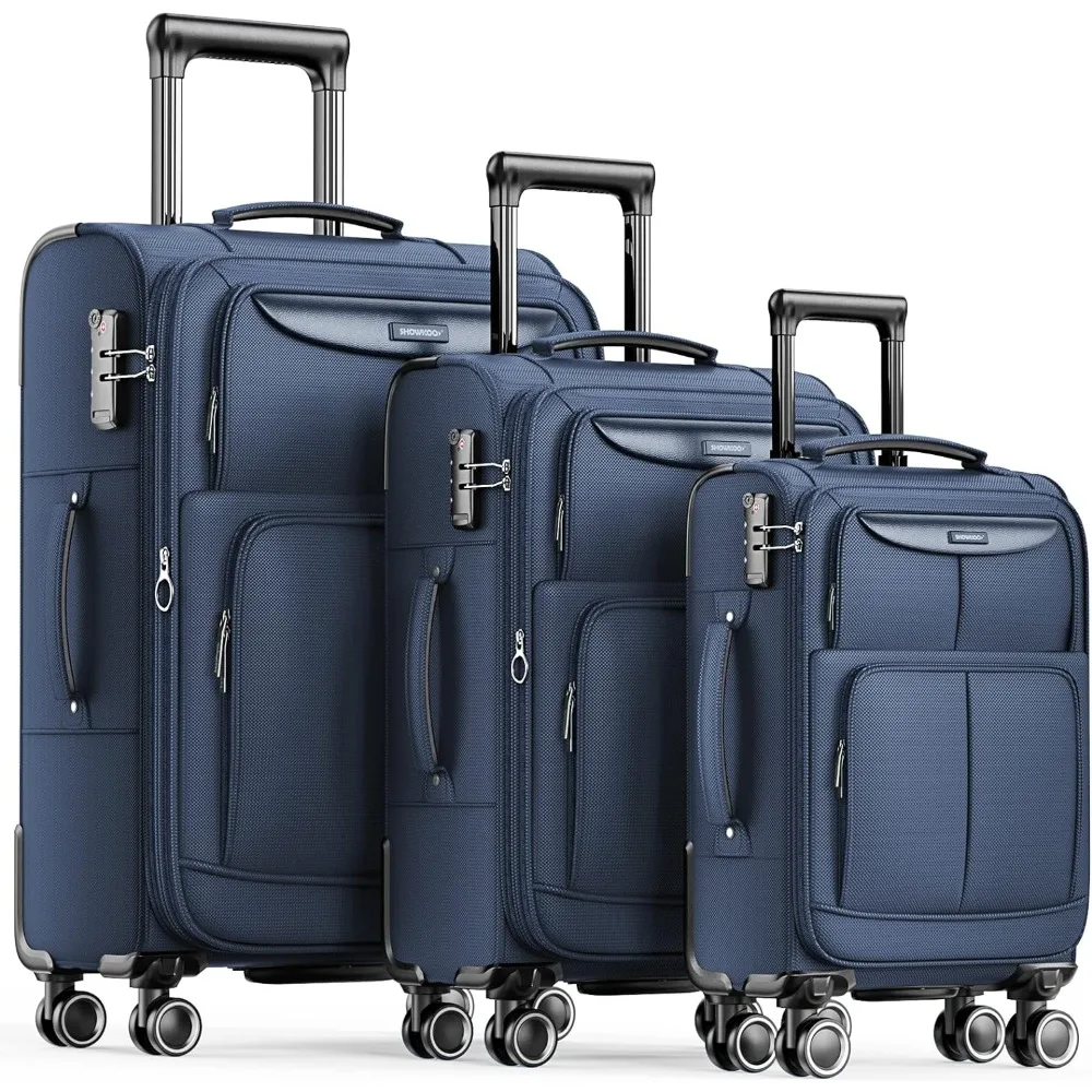 SHOWKOO Luggage Sets 3 Piece Softside Expandable Lightweight Durable Suitcase Sets Double Spinner Wheels TSA Lock Blue