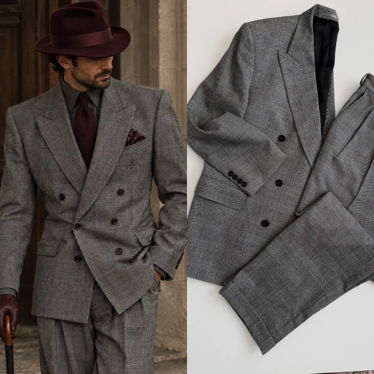 Classic Men Business Suits Line Checked Double Breasted Peaked Lapel Slim Fit Daily Wear Customized Office Casual Set 2 Piece