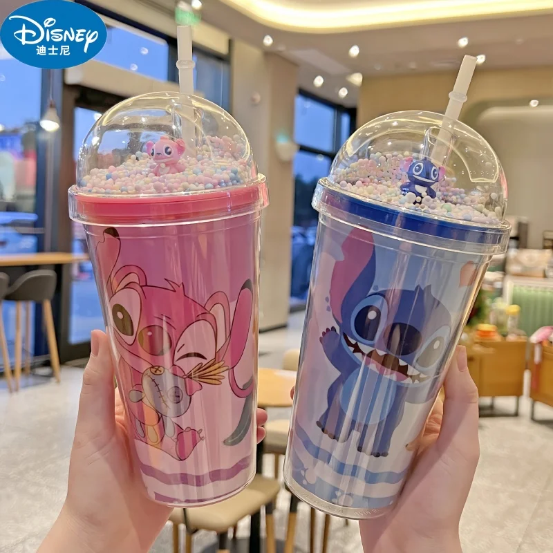 Disney 450ml Stitch Cartoon Double Layer Plastic Water Cup Student Portable Sippy Cup For Boys Girls Cute Anime Straw Cups Gift