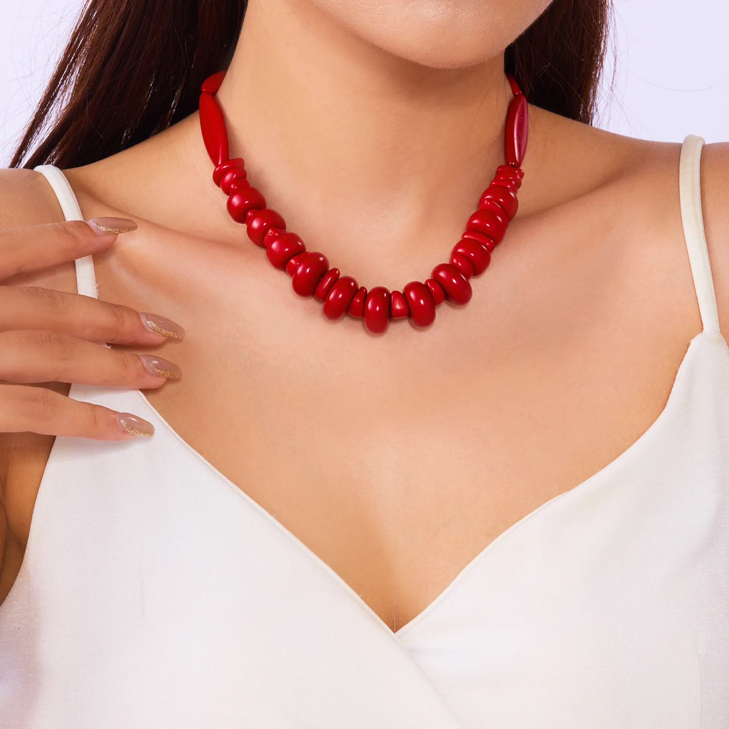 Bohemian Double Layer Red Coral Choker Necklace for Women Vintage Irregular Acrylic Resin Necklaces Holiday Party Jewelry Gifts