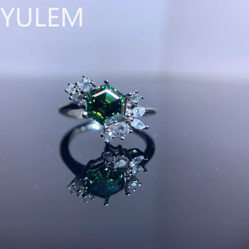 YULEM 925 Sterling Silver 1CT Hexagon Green Moissanite Diamond Ring for Women Wedding Engagement Jewelry Pass Diamond Selector