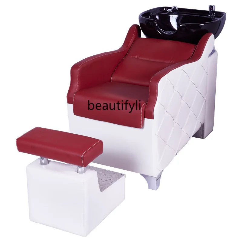 

Hair treatment shampoo bed Barber shop Multifunctional flush bed Half lying ceramic basin Shampoo chair with pedals