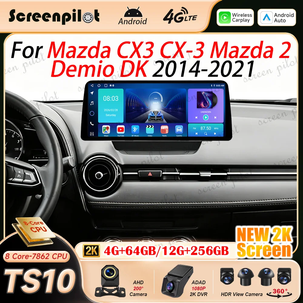 12.3'' Android 16 Car Radio Stereo For Mazda CX3 CX-3 Mazda 2 Demio DK 2014 2015-2021 Multimidia Player GPS Carplay Android Auto