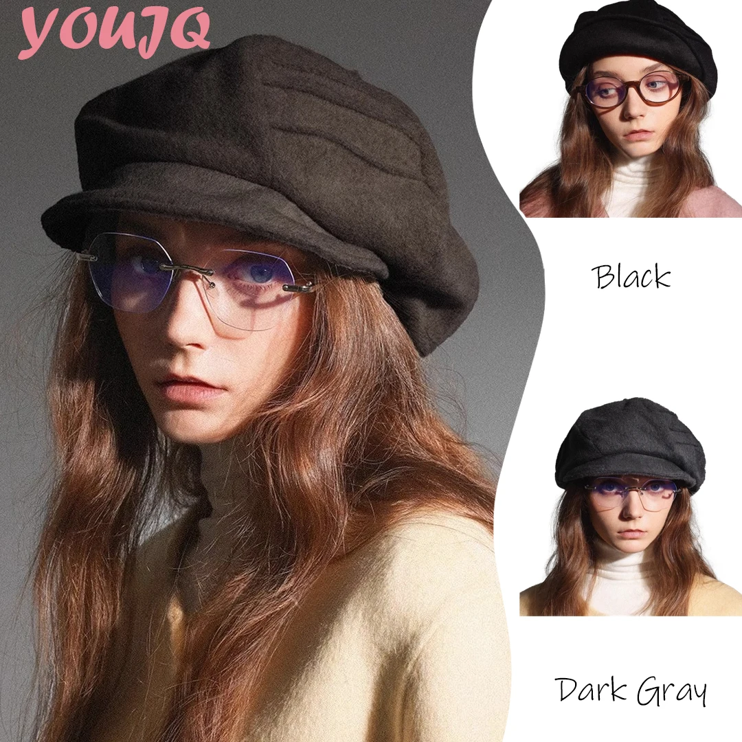 100% Wool Beret Coffee-Coloured Octagonal Hats for Women Woolen Wide-Brimmed Artist's Hat Cloud-Patterned Newsboy Cap Boinas