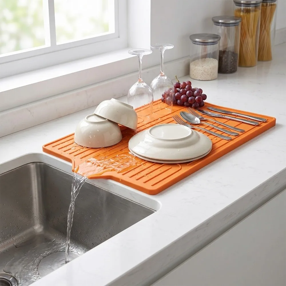 

Heat Resistant Silicone Drain Mat Drainage Function Flexible Thick Kitchen Sink Mat Non-Slip Dish Drying Pad Bars