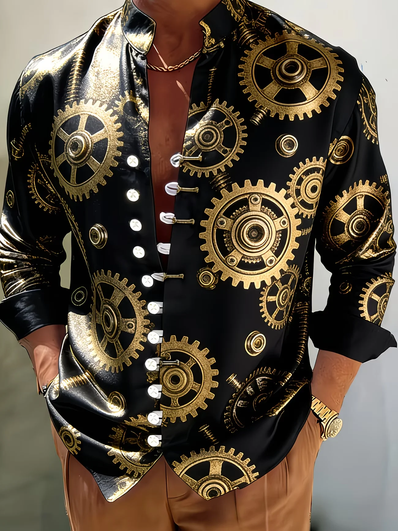 

New Black Gold Gear Printed Men's Long Sleeved Shirt With Stand Up Collar And Pan Button Shining Face