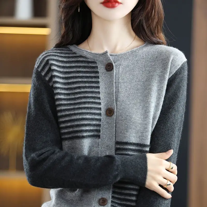 O-Neck SlimThick Autumn Winter Women\'s Clothing Vintage Striped Single Breasted Sweaters Spliced Knitting Refreshing Cardigan