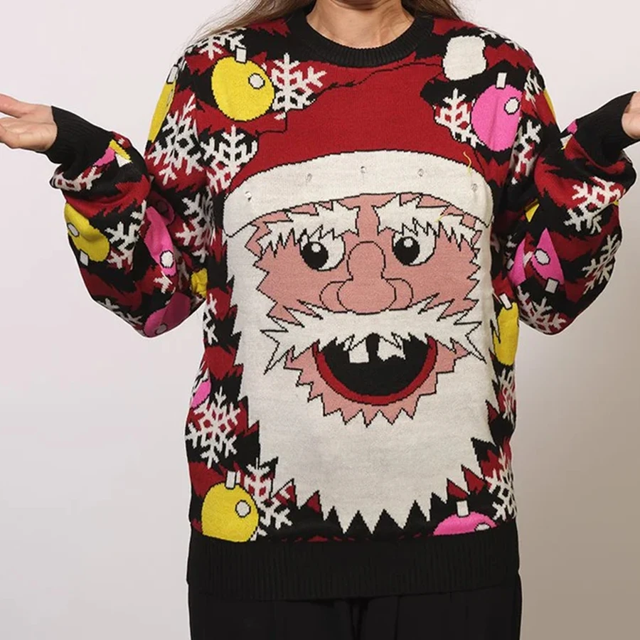 

Couple's Christmas Knit Sweater Long Sleeve Crewneck Christmas Elements Pattern Print Casual Knitwear