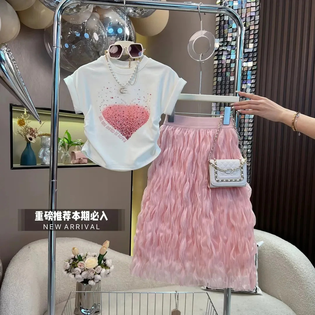 Girls Summer New Outfit Set Korean Style Children's Petite Fashion Short Sleeve T-shirt Trendy Princess Cake Skirt Set