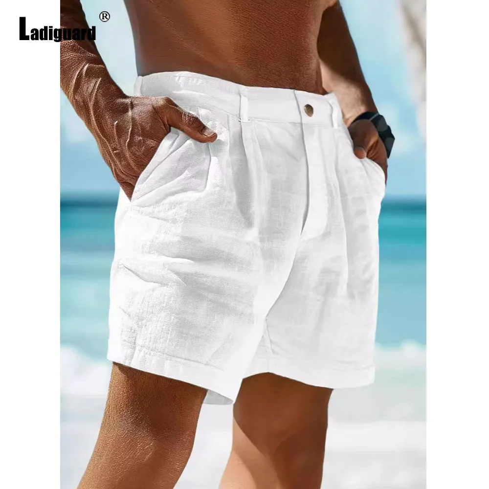 Men\'s Stand Pocket Shorts 2024 American and European Style Men Casual Linen Short Pants Solid White Black Soft Beach Shorts New