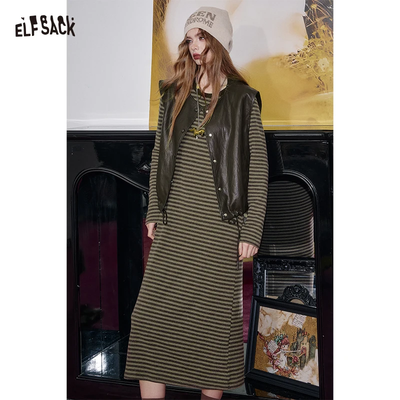

ELFSACK 2025, осеннее новое поступление, повседневное винтажное свободное платье в полоску, многослойный наряд, комплект из двух предметов для женщин