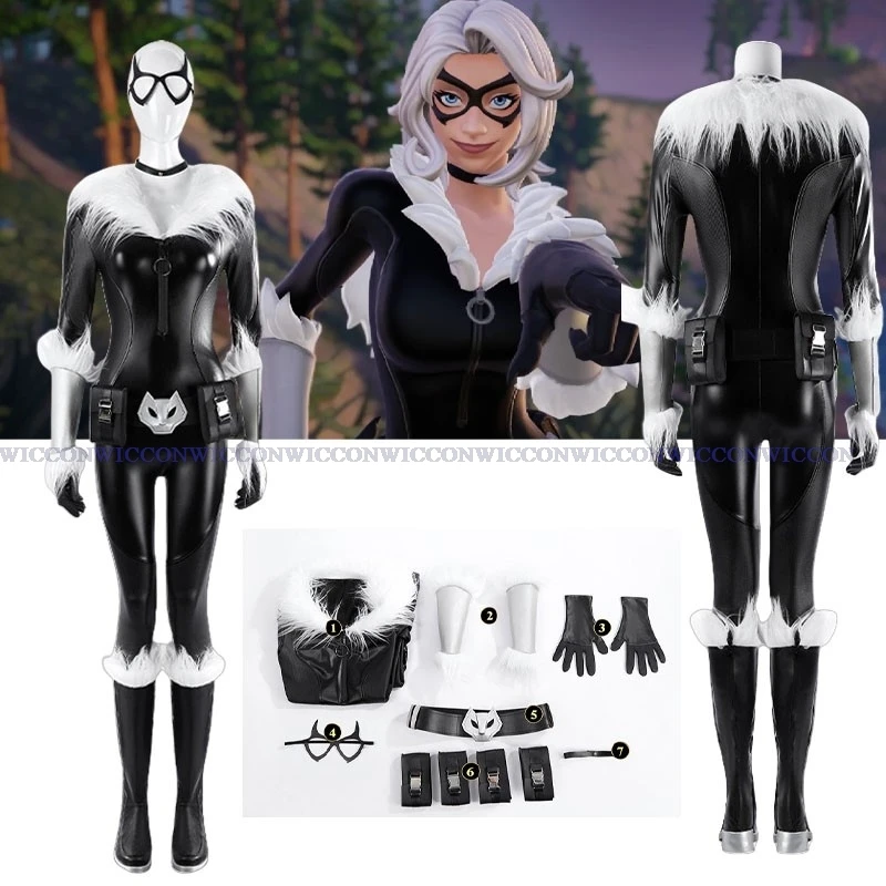 Game Fortnitte Cosplay Costume Black Cat Cosplay Black Jumpsuit With Eyemask Shoes Women Halloween Carnival Roleplay Suit