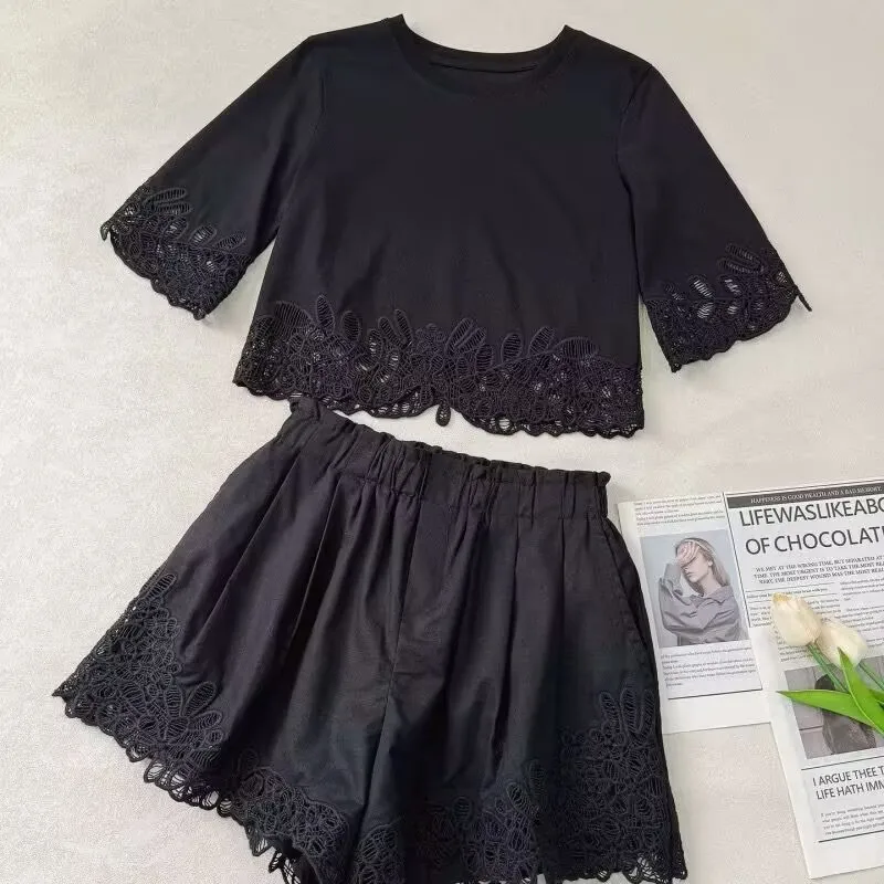 Women 2-Colors Set Hollow Out Embroidery Round Neck Short Sleeve Top + Elastic Waist Shorts Loose Female Cotton Suits