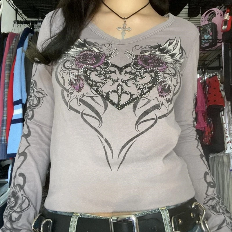 90s Aesthetic Cyber Emo Techwear Tees Heart Angel Wings Graphic T-shirt Women Trashy Y2k Grunge Vintage Long Sleeve Crop Tops