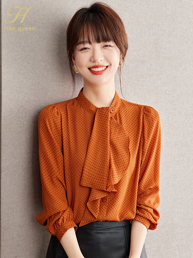 

H Han Queen New 2024 Spring Autumn Women's Blouse Basic Single-Breasted Bow Dot Vintage Tops Elegant Chiffon Loose Casual Shirts