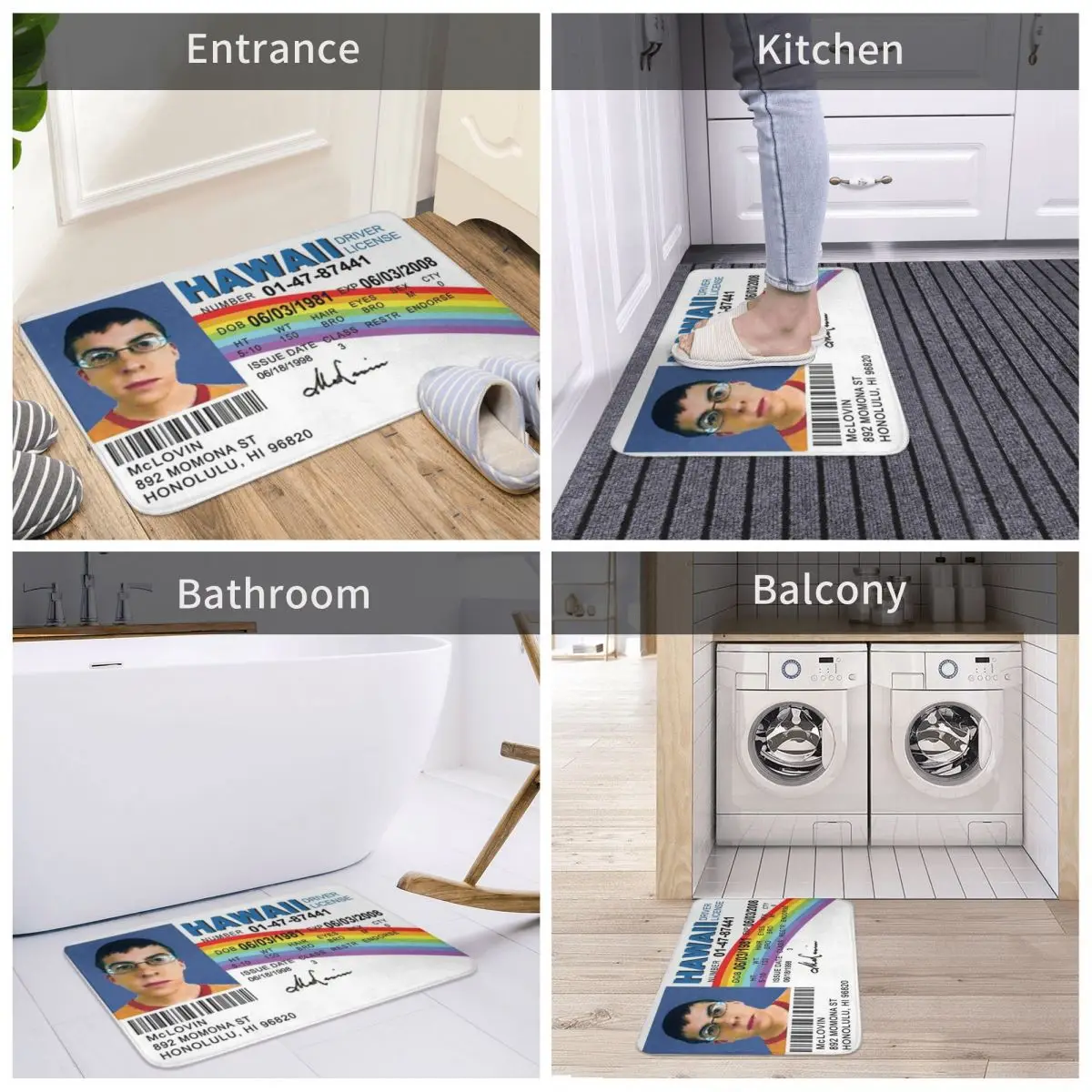 McLovin Driver License Non-slip Doormat, Super Absorbent, Bathroom Floor Mats, Home Entrance Rugs, Kitchen Carpet, Outdoor