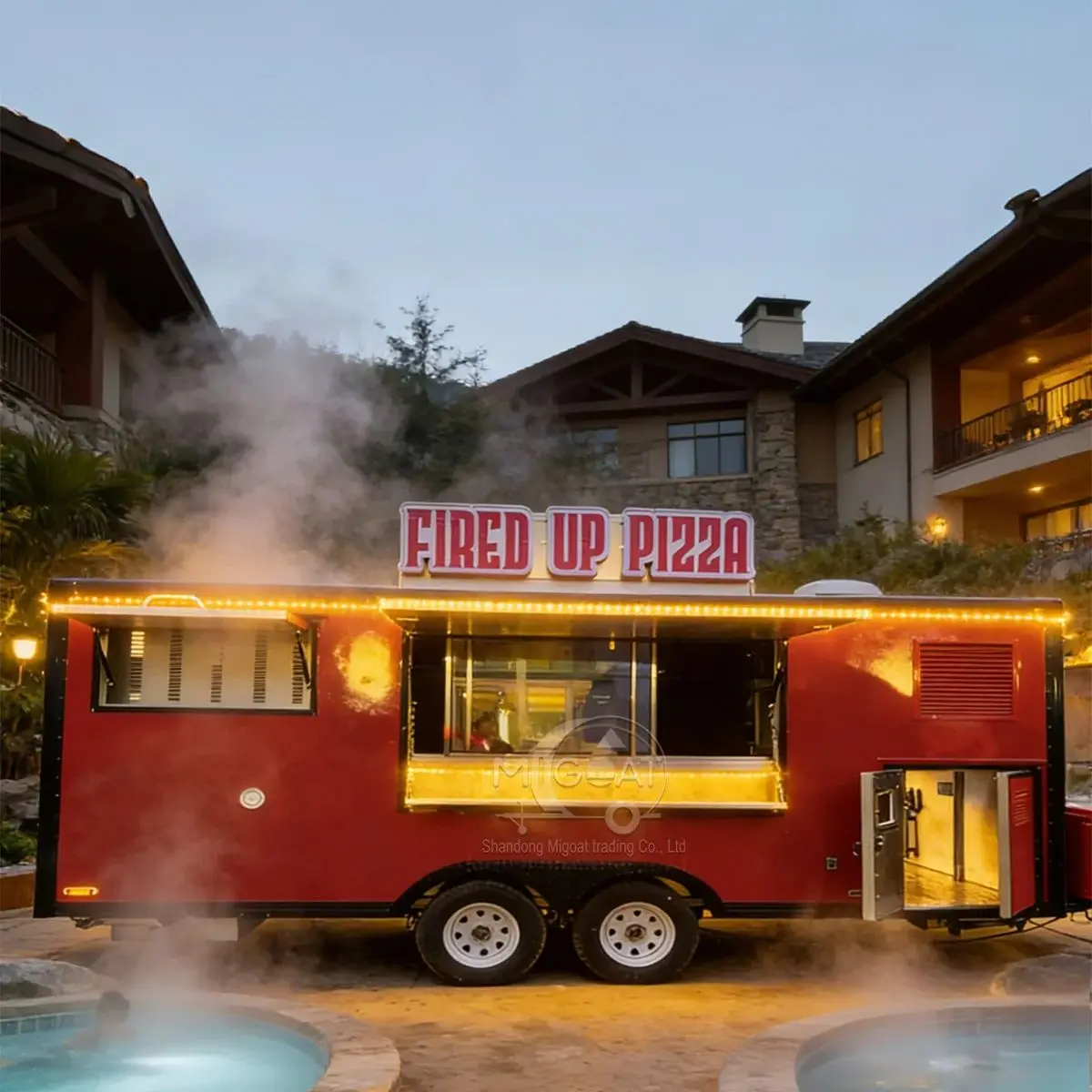 

Мобильный фургон для пиццы Red Square с двумя осями, интерьером из нержавеющей стали и индивидуальной вывеской для уличной еды и кейтеринга