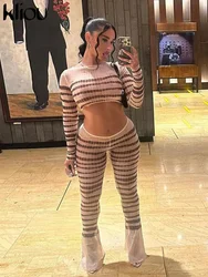 kliou Striped Print 2 Piece Set Women Hipster Mesh See Through Long Sleeve Crop Tops+Matching Flare Pants Female Attractive Suit