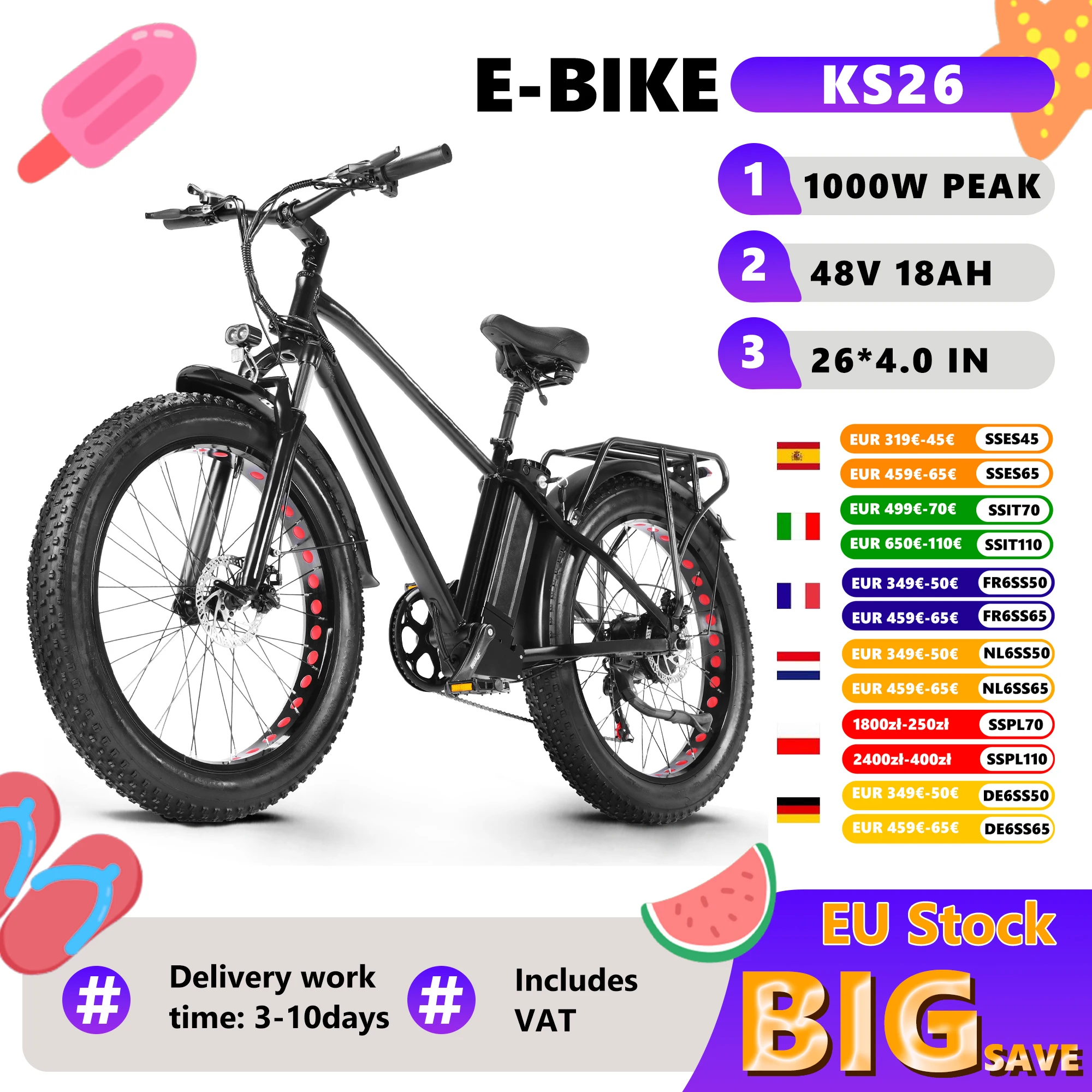 Vélo électrique CMACEWHEEL KS26 pour adultes, 48V 18AH, EBIKE PEAK 1000W, pneus larges, vélo de montagne électrique, 7 vitesses, E-Bike