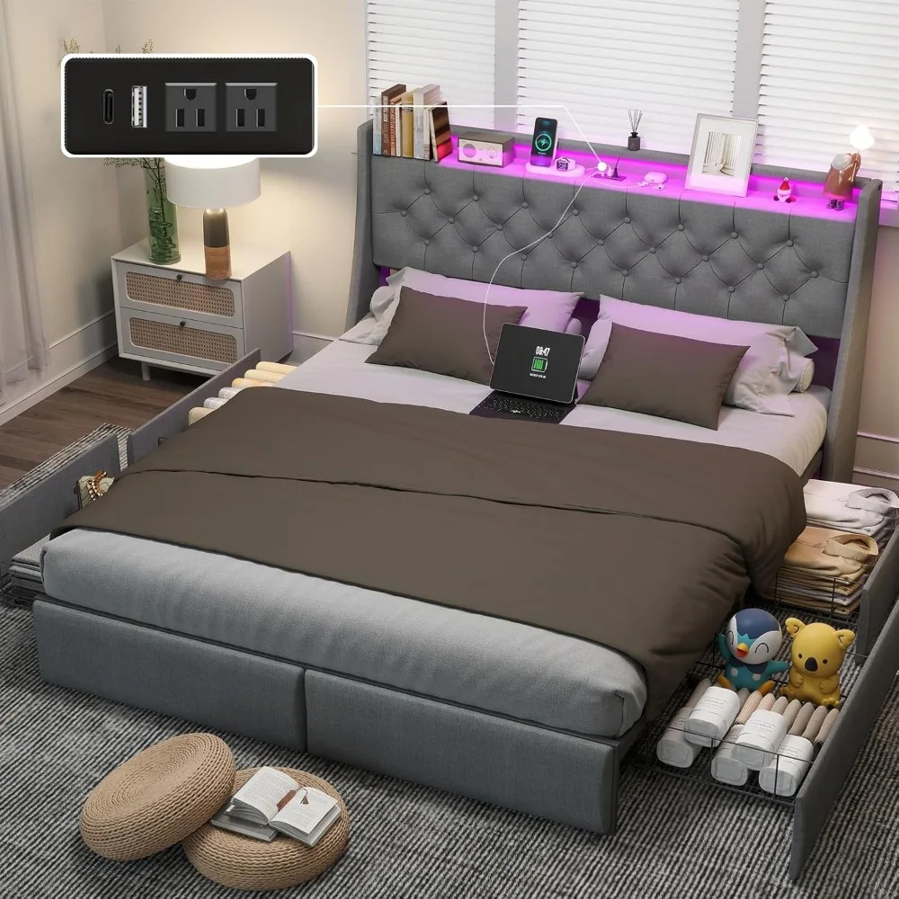 Queen Size Bed Frame with Storage Drawers, LED Lights, Upholstered Platform, and Charging Station