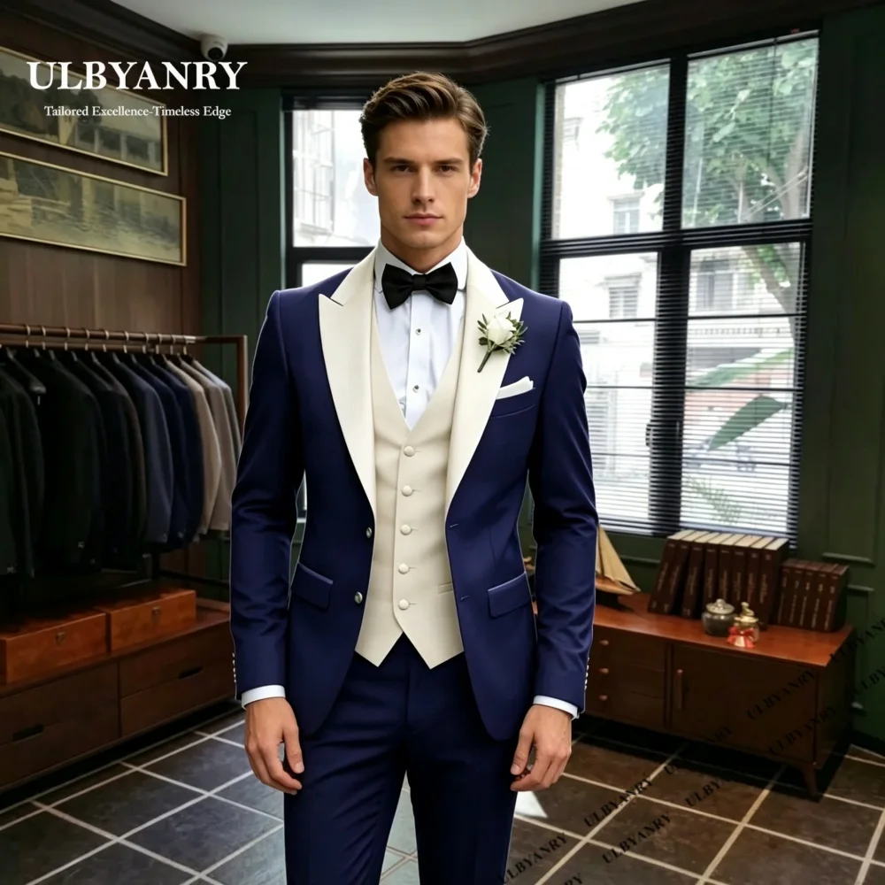 Trend Three Pieces Suit Set for Men Formal Color Block Tuxedo Dinner Evening Prom Suit Attire Jacket Vest Pants Customized