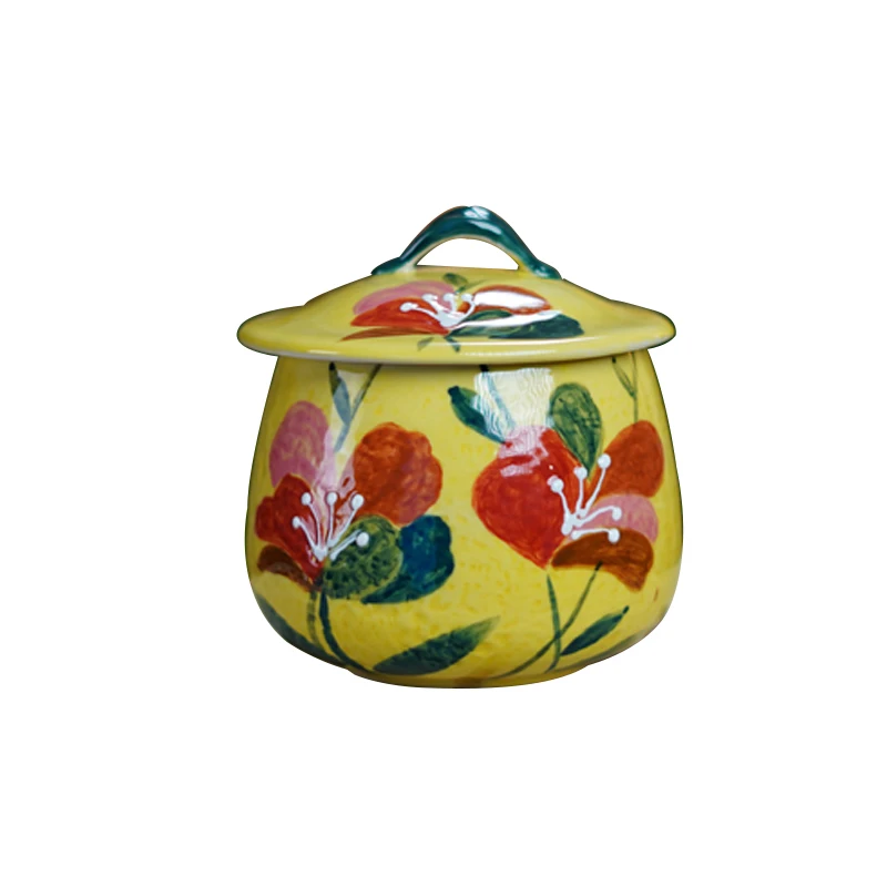 Taza de estofado de color bajo vidriado pintada a mano, tanque de aceite de pimienta de cerámica con tapa, resistente a altas temperaturas para el hogar