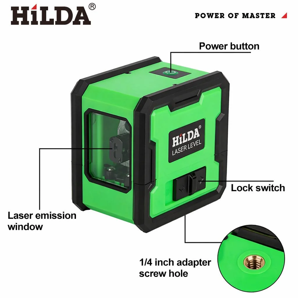 HILDA 2 Lines Green Laser Level with Built-in Back Magnet Self-Leveling Horizontal Vertical Cross Line Laser Level 360° Rotatable Wall Mount Laser Measuring Tool for Construction Decoration