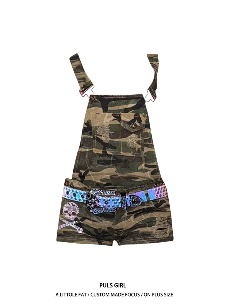 

Ретро-американские джинсовые комбинезоны большого размера для женщин: летние, модные, с принтом черепов, камуфляжные, со стразами, шорты в повседневном стиле с эффектом дырок