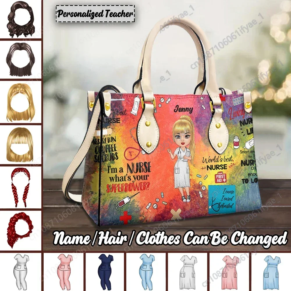 PU couro Cartoon enfermeira bolsa para as mulheres, bolsa de luxo, aparência personalizada, senhoras Crossbody saco, sacolas casuais, novo