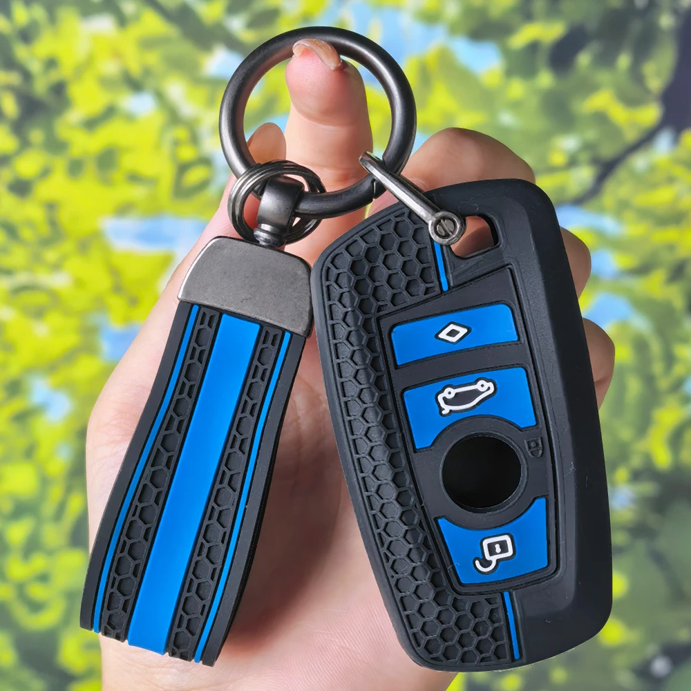 Racing Red Blue Honeycomb Silicone Key Shell With Keychain For BMW F30 F32 F34 F20 F21 1 3 5 7 Series X1 X4 X5 M3