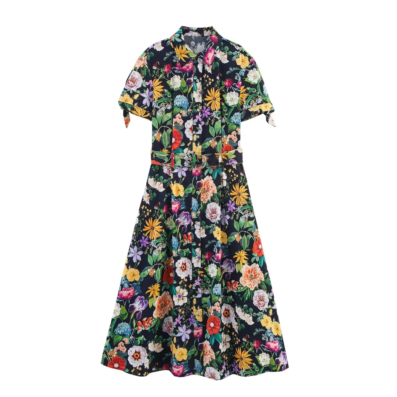 Frauen Kleid Mode Knoten Blumen Druck Kurzarm einreiher Temperament Sommer Neue Kleid