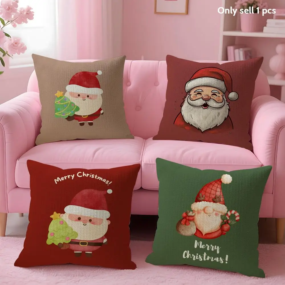 Cute Santa Claus Cushion Cover Natural Linen Organic Fabric Double-Sided Printing Breathable Perfect for Home Decor