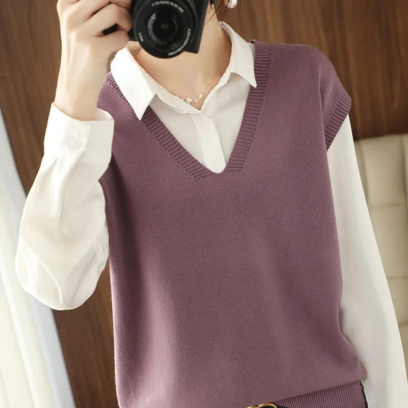 New Women\'s Vest Worsted Cashmere Vest Spring And Autumn Loose Knit Sleeveless Pullover Women\'s Vest Waistcoat