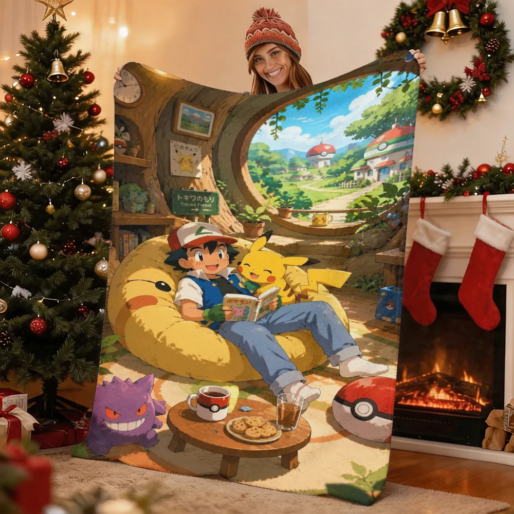 Pokemon Ash Ketchum Pikachu Gengar Flannel Throw Blanket Soft Warm Lightweight Blanket for Sofa Bed Home Anime Gift
