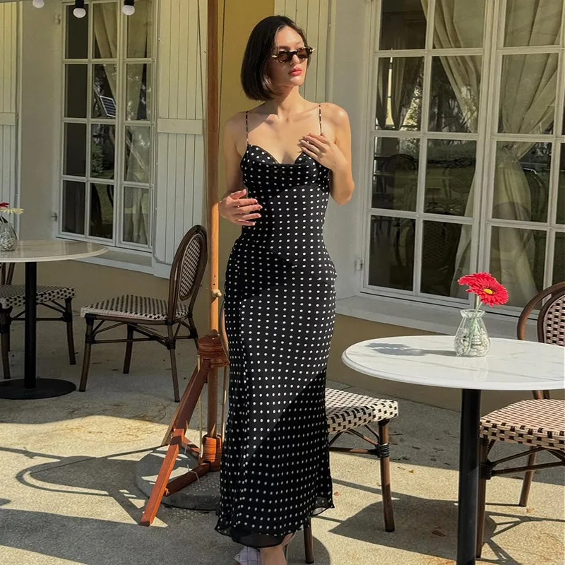

Mesh Patchwork Polka Dot Slim Maxi Dress Women Summer Sleeveless Backless Sexy Strap Dresses 2025 Lady Elegant Party Long Dress