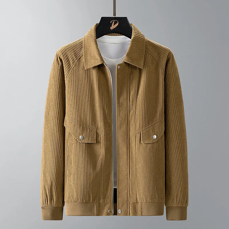 

Мужская вельветовая рубашка цвета хаки с воротником-стойкой, повседневная, свободного кроя, на пуговицах, для работы, весна-осень, деловой стиль