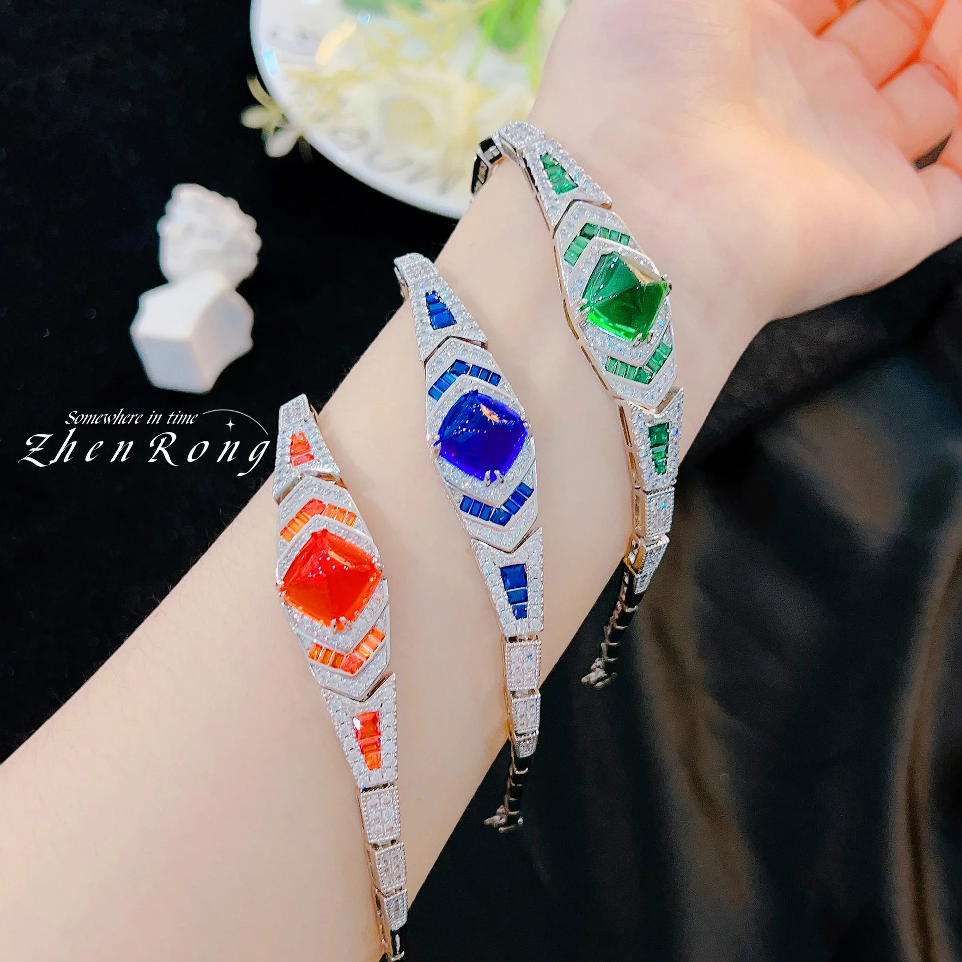 Foydjew Luxury Elegant Orange/Green/Blue Multicolor Sugar Tower Crystal Bracelets Silver Color 18+4cm Chain Bracelet For Women