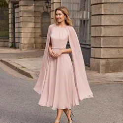 Pink Chiffon Mother of the Bride Dresses Simple Scoop Neck Long Sleeves Pearls Tea-Length A-LINE Evening Mother Gowns فساتين
