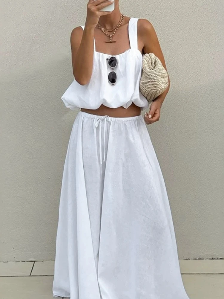 

Summer Casual Loose Holiday Two Piece Sets Elegant High Waist Pants Outfit Simple White Halter Crop Tops&Lantern Long Skirt Sets