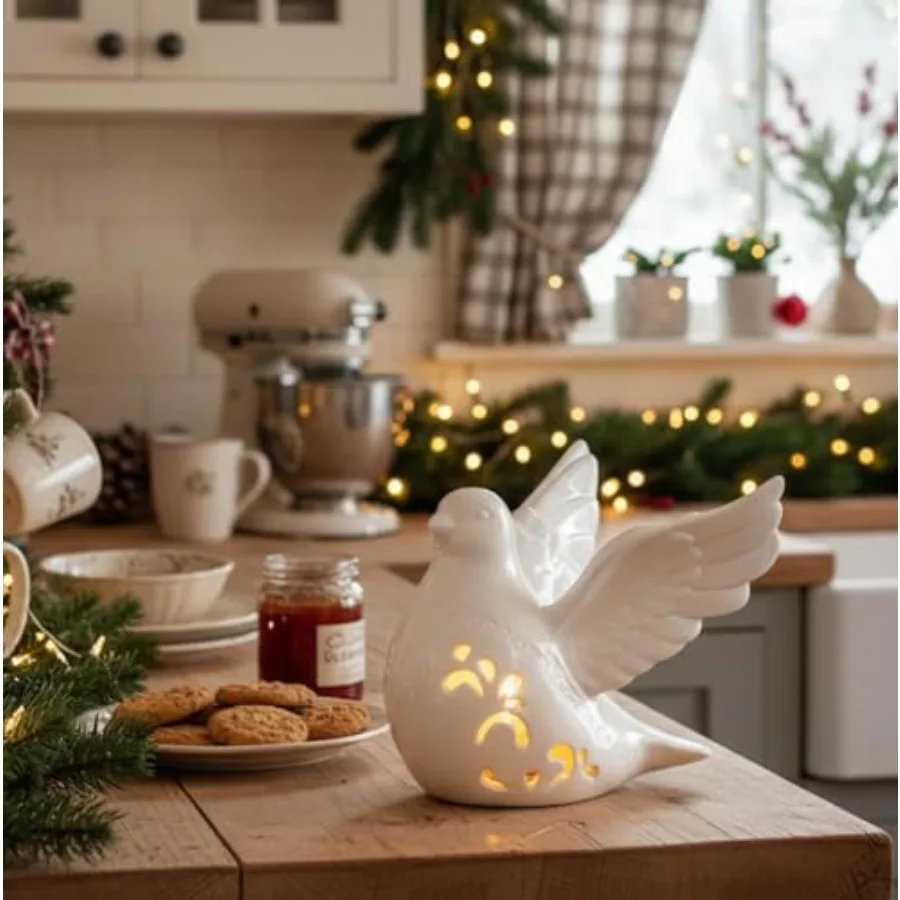 Napco Flying Dove with Design Bright White 6 x 5.75 Porcelain LED Tabletop Figurine