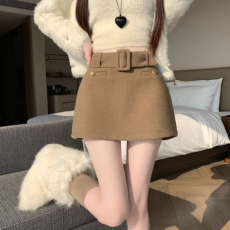 2026 New American Hot Girl Woolen Skort High Waist Square Belt A Line Mini Skirt Women Autumn Winter Wear