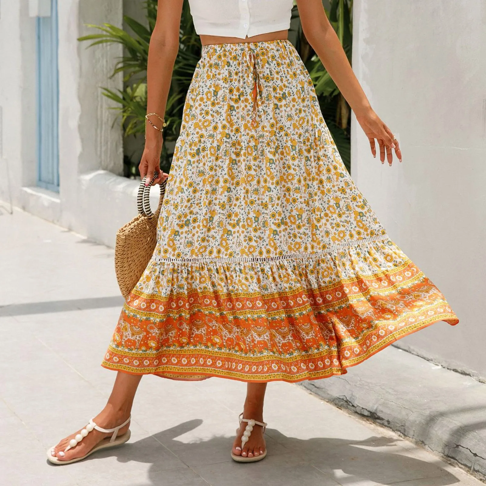 Summer Long Skirts Women Boho Print Skirt Female Floral Beach Maxi Skirts Ladies Vintage Loose Elastic Waist Holiday Skirt