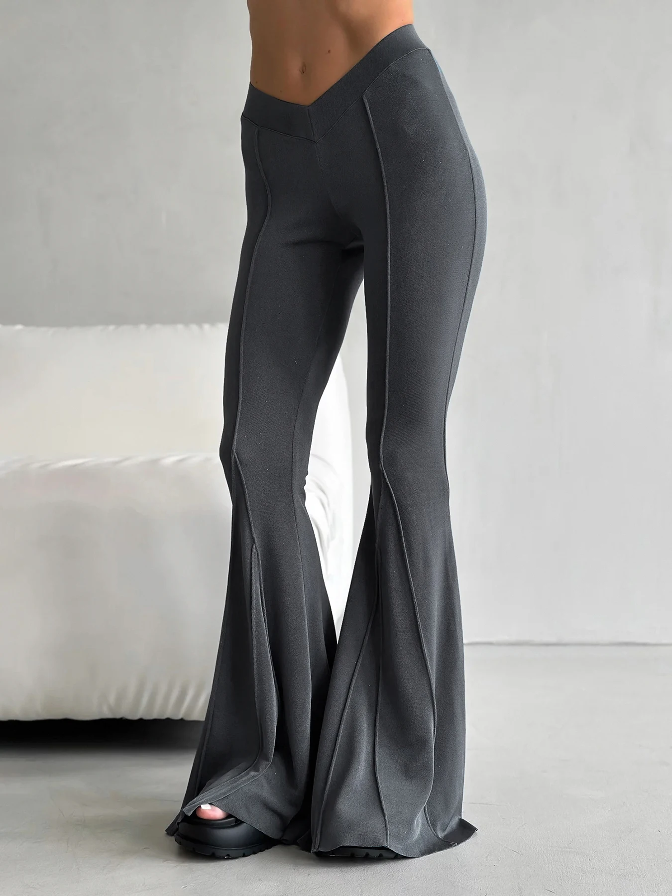 IAMSURE Slim Reverse Stitching Flare Pants Basic Solid Mid-Waisted Pants Women 2024 Autumn Spring Casual Streetwear Fashion