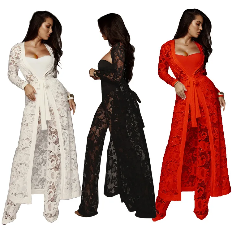 

Women's Sexy Autumn Dress Lace Wide Leg Pants Three Piece Casual Set Sexy Evening Dresses Fine Lace Set