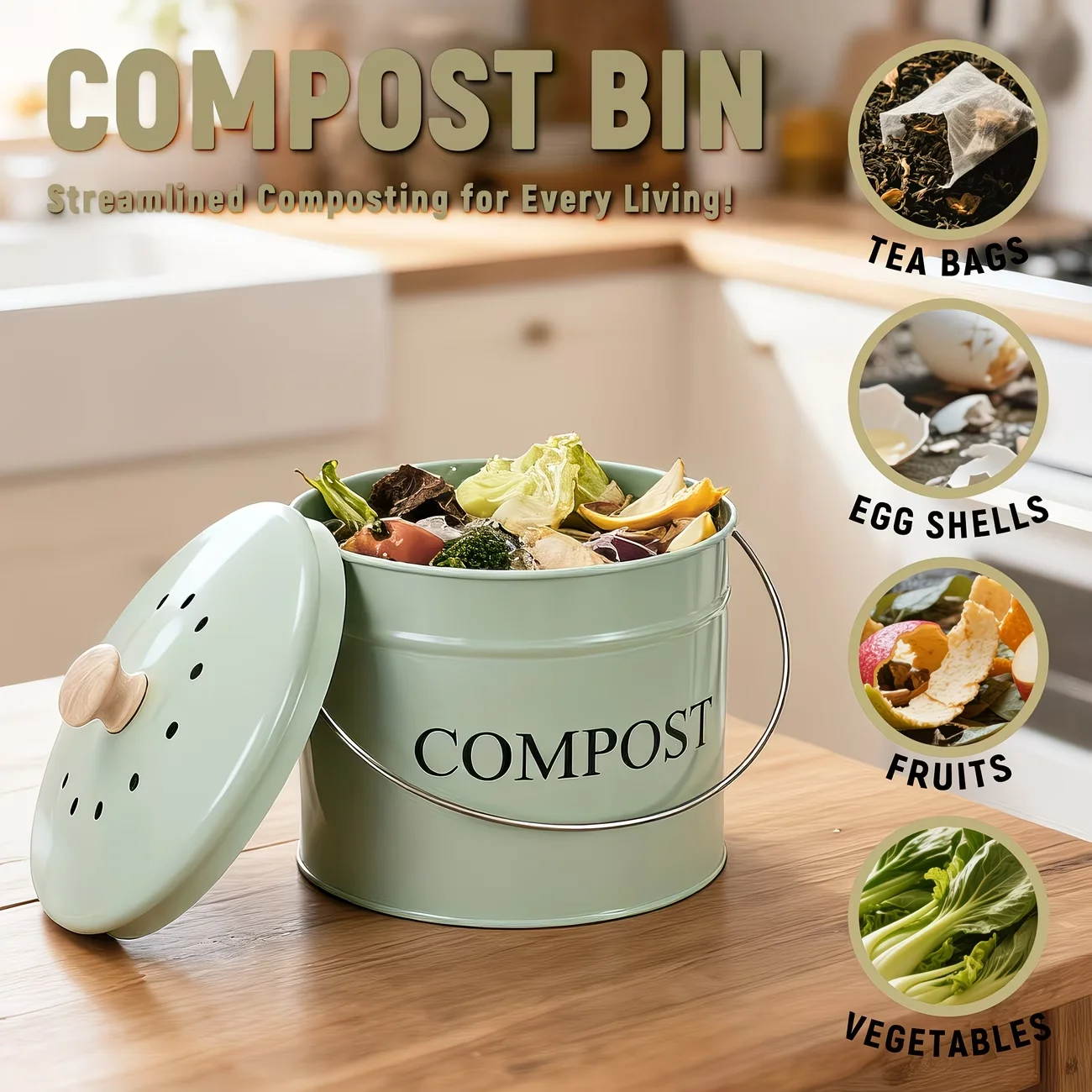 4.92 L Kitchen Compost Bin with Odor-Proof Lid - Heavy-Duty Iron Construction, Space-Saving Design for Home, Small Compost Bin
