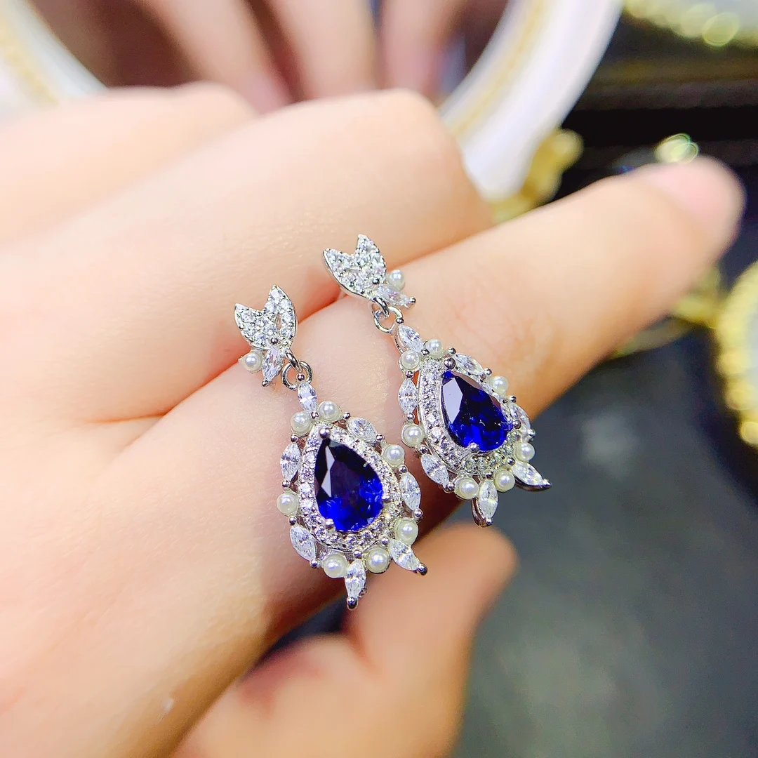 FS S925 Sterling Silver 5*7mm Natural Sapphire Luxury Earrings for Women Fine Fashion Charm Weddings Jewelry Certificate MeiBaPJ