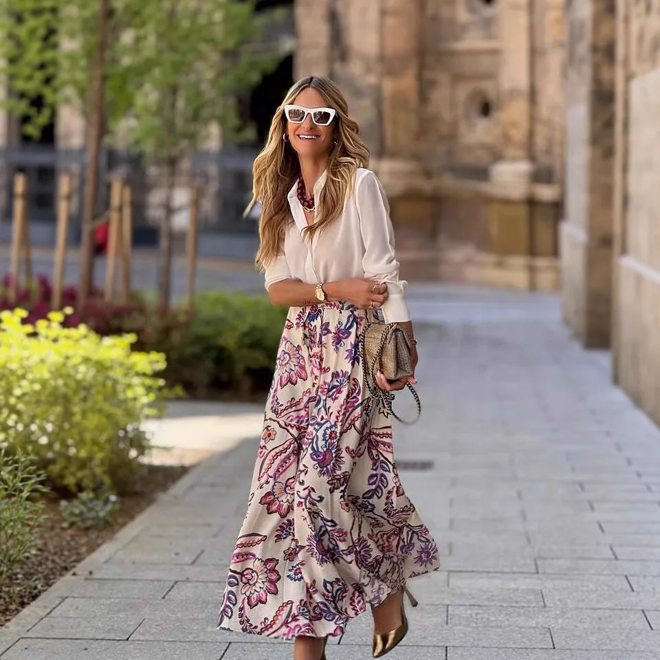 Fashion Bohemian Style Flower Print Skirt Women Sexy Slit High Waist Long Skirts Female Spring Summer Vacation Beachwear 2025