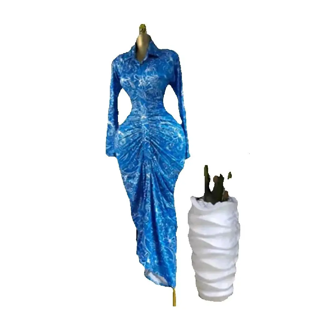 Frauen Sexy Langarm Drehen-unten Kragen Blau Floral Gedruckt Maxi Kleid 2025, Straße Geburtstag Abend Party Kleid Club vestidos