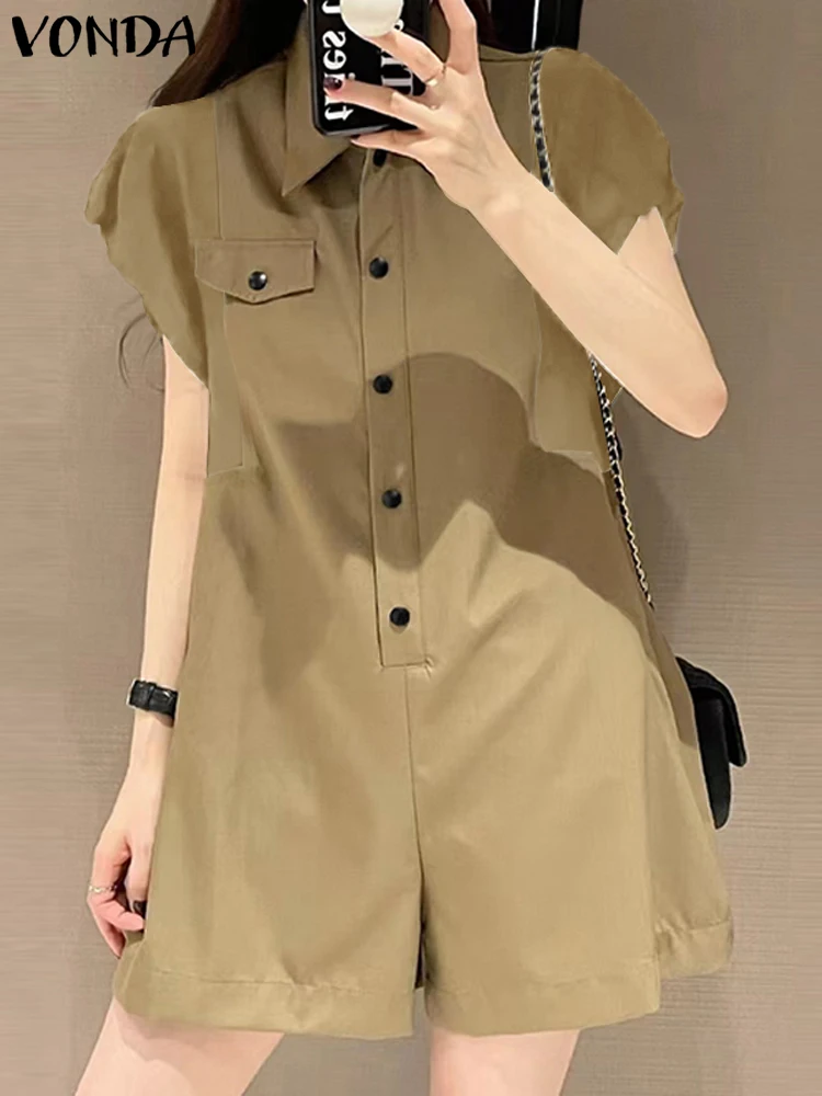 VONDA Vintage salopette femmes mode combinaisons courtes 2025 décontracté revers manches courtes bouffantes couleur unie combishorts barboteuses amples