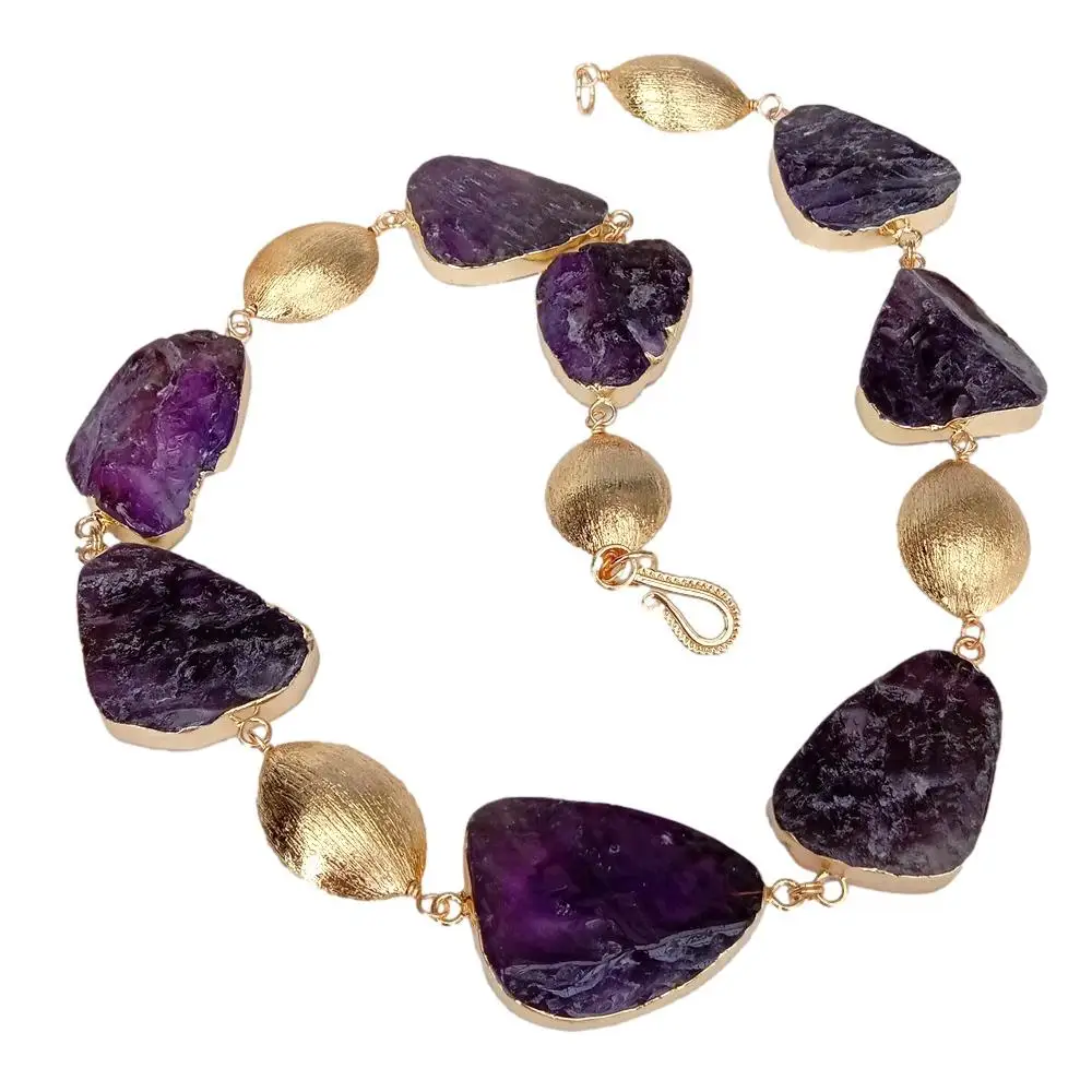 

Y·YING Natural Gemstone Purple Color Necklace Amethyst Rough Gold Plated Brushed Beads Choker Necklaces